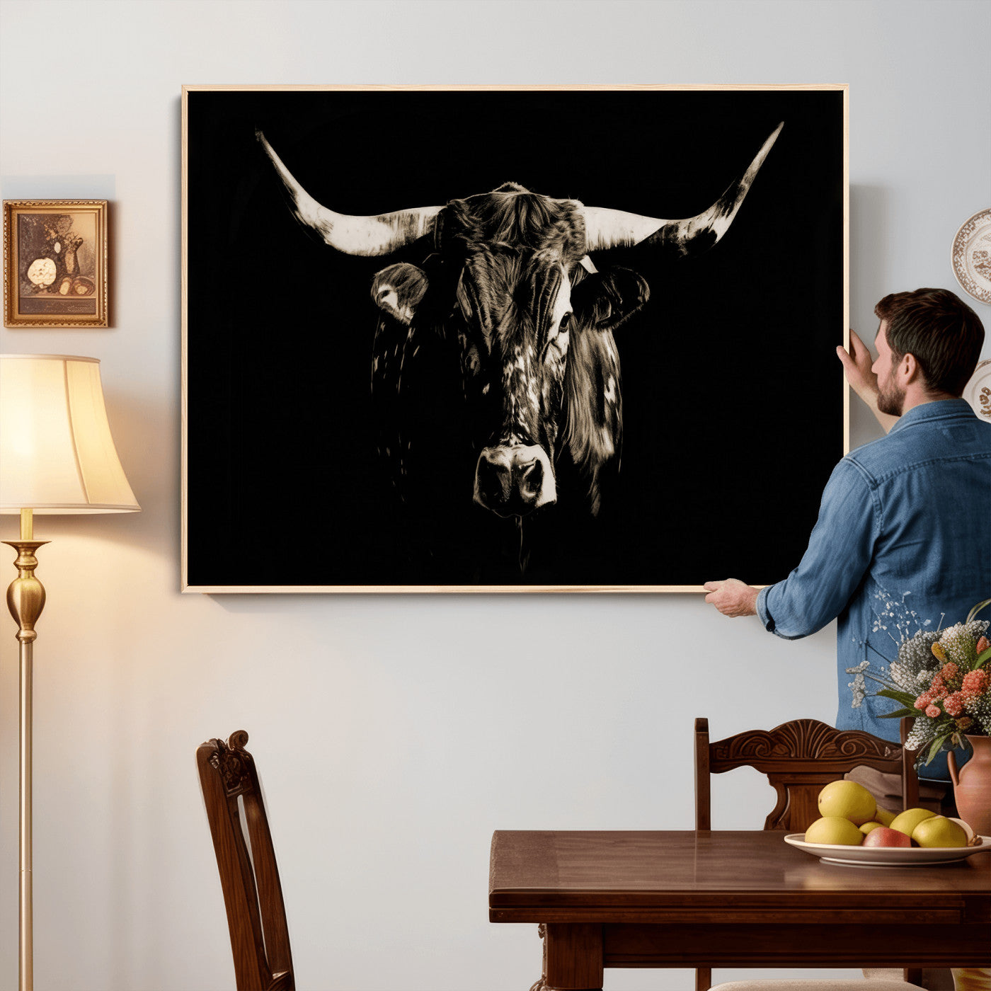 75774468-MGV-CV-36X24 - Black Bull Wall Art Canvas Print, Dark Longhorn Portrait Photography, Framed Wall Art Ready to Hang