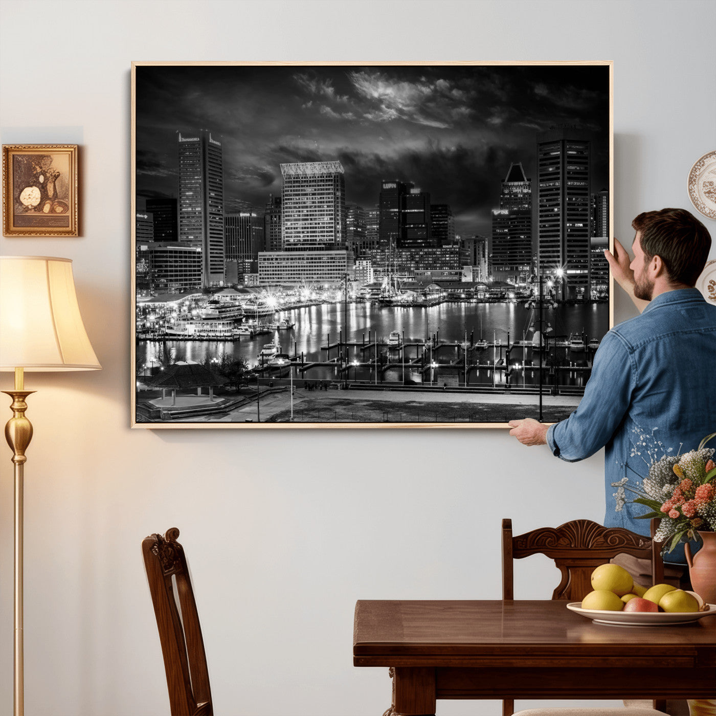 79755655-MGV-CV-36X24 - Baltimore Skyline Wall Art Canvas Print, Baltimore Downtown Night Cityscape Print for Modern Urban Wall Decor
