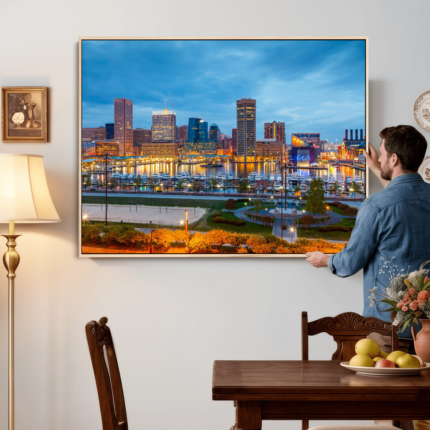 78635089-MGV-CV-36X24 - Baltimore Skyline Wall Art Canvas Print, Baltimore Downtown Night Cityscape Print for Modern Urban Wall Decor