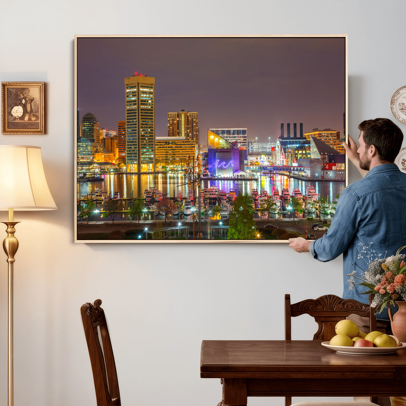 42654823-MGV-CV-36X24 - Baltimore Skyline Wall Art Canvas Print, Baltimore Downtown Night Cityscape Print for Modern Urban Wall Decor