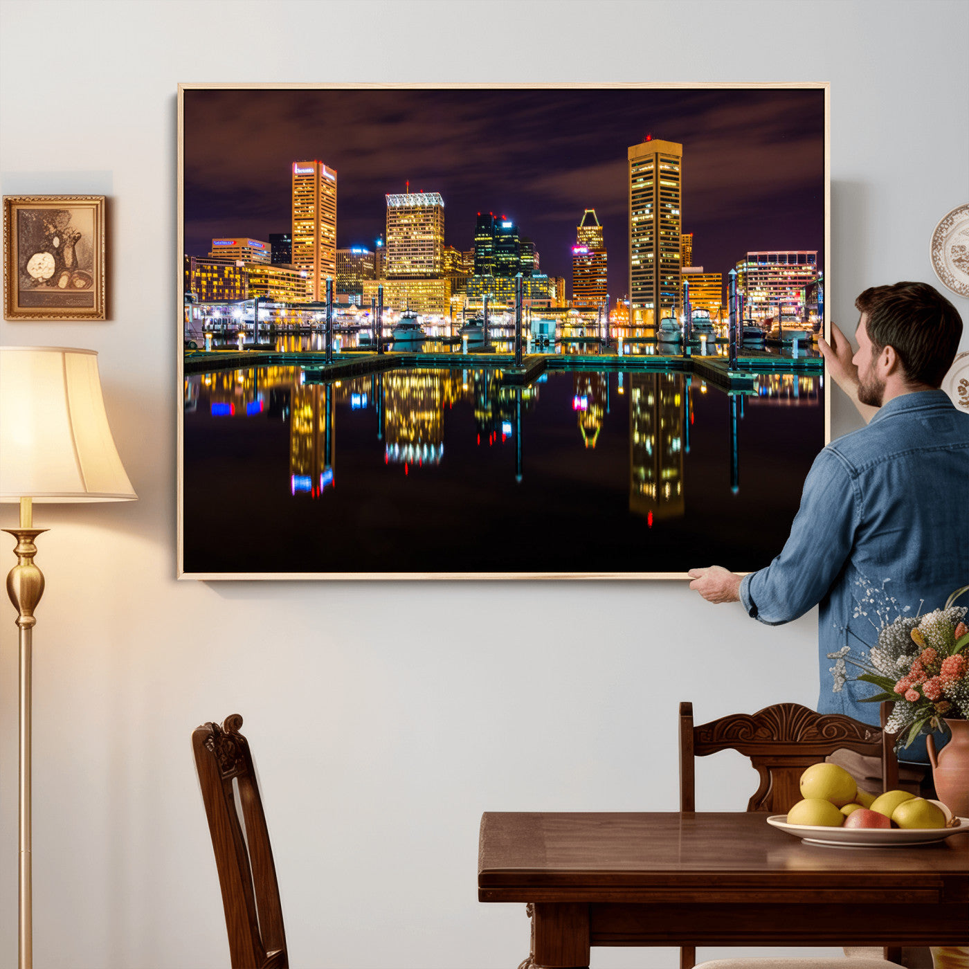 38201692-MGV-CV-36X24 - Baltimore Skyline Wall Art Canvas Print, Baltimore Downtown Night Cityscape Print for Modern Urban Wall Decor