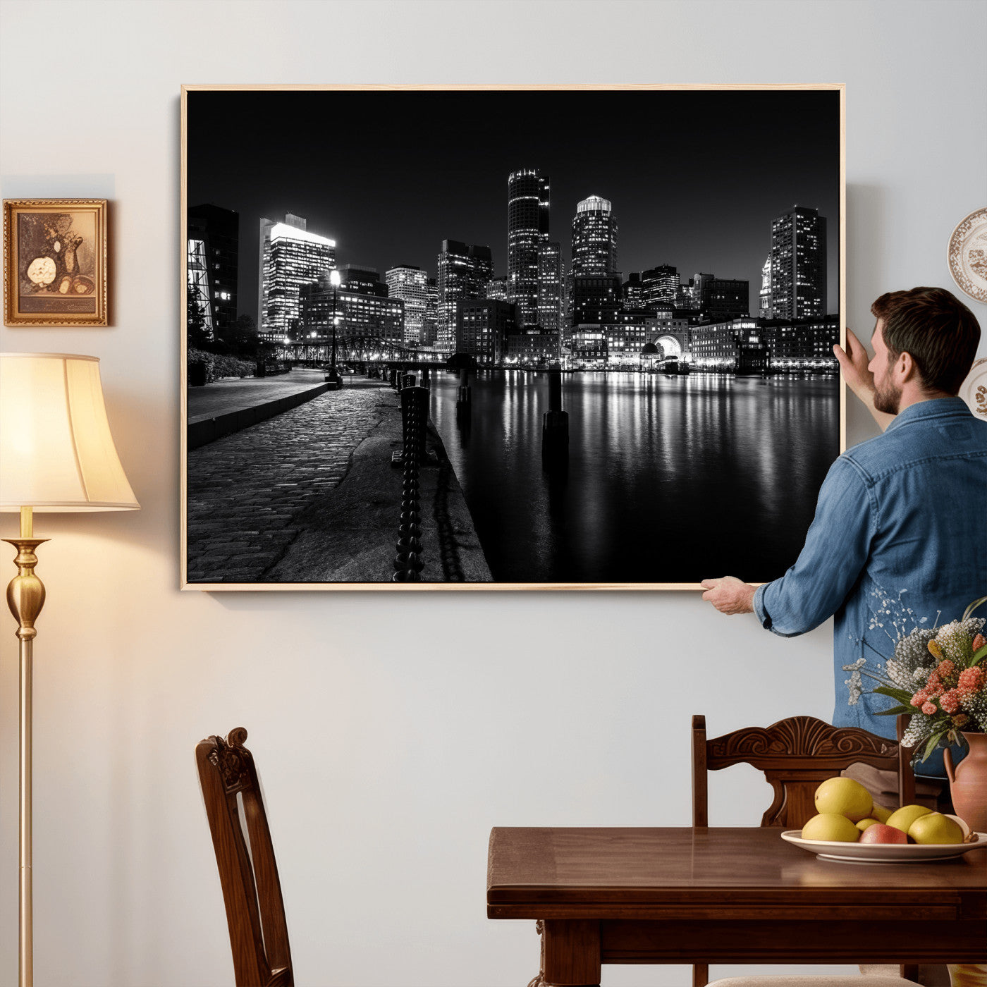 53082656-MGV-CV-36X24 - Boston Wall Art Canvas Print, Boston City Downtown Night Cityscape Print for Modern Urban Wall Decor