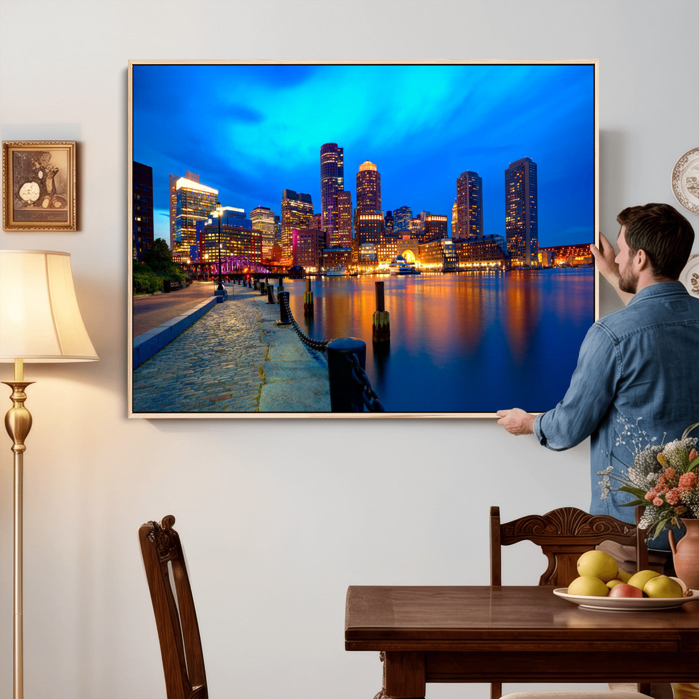 69619565-MGV-CV-36X24 - Boston Wall Art Canvas Print, Boston City Downtown Night Cityscape Print for Modern Urban Wall Decor