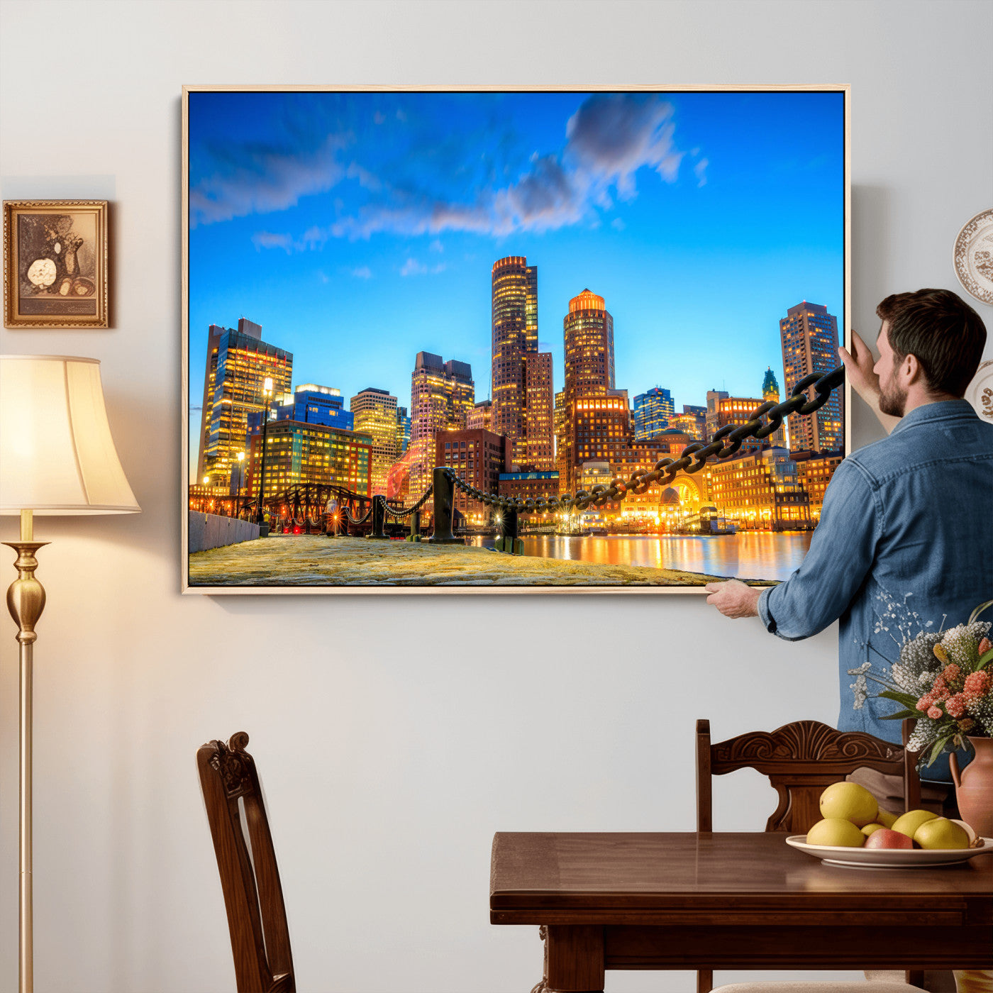 46736409-MGV-CV-36X24 - Boston Wall Art Canvas Print, Boston City Downtown Night Cityscape Print for Modern Urban Wall Decor