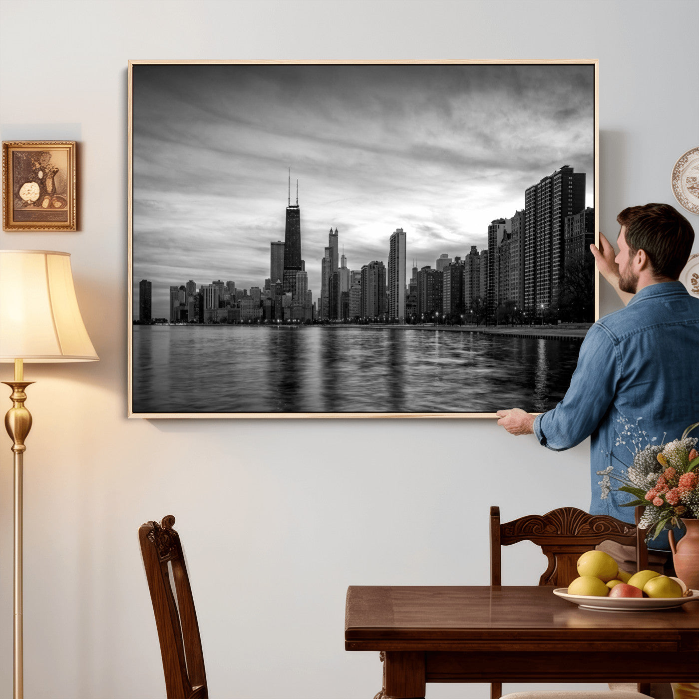 74552581-MGV-CV-36X24 - Chicago Wall Art Canvas Print, Chicago City Downtown Night Cityscape Print for Modern Urban Wall Decor