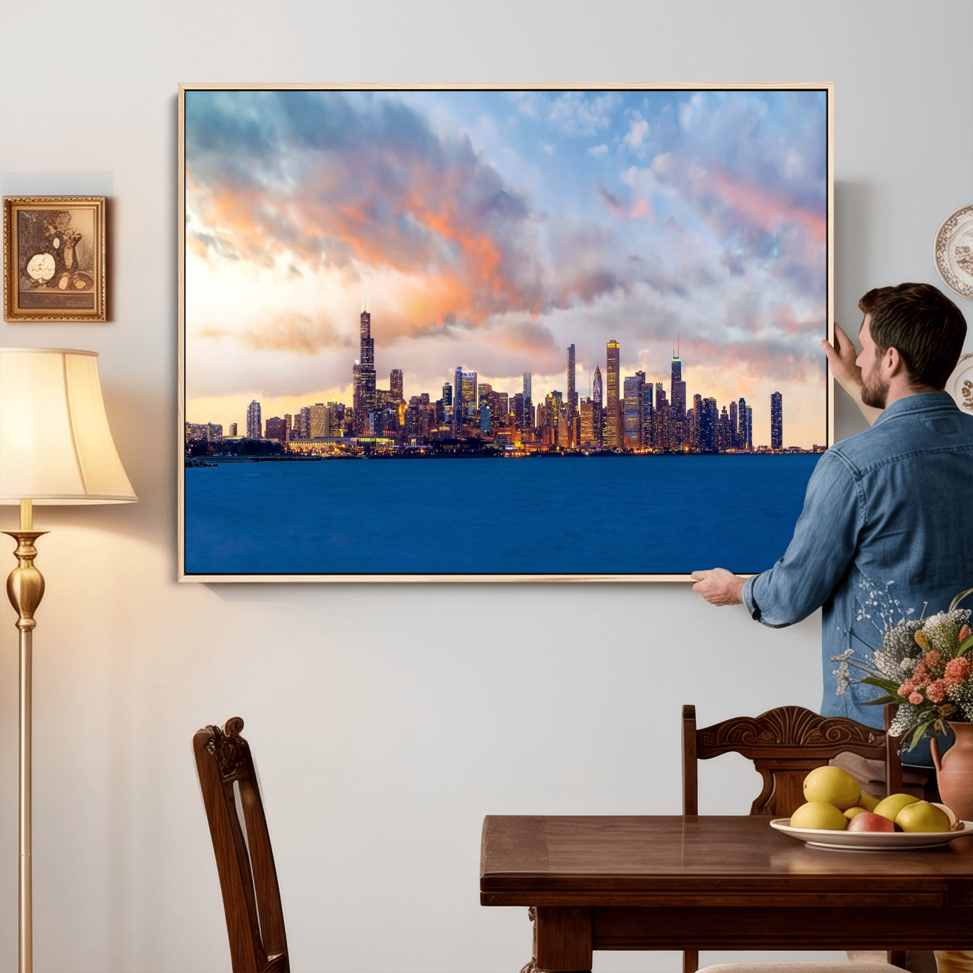 34667960-MGV-CV-36X24 - Chicago Wall Art Canvas Print, Chicago City Downtown Night Cityscape Print for Modern Urban Wall Decor