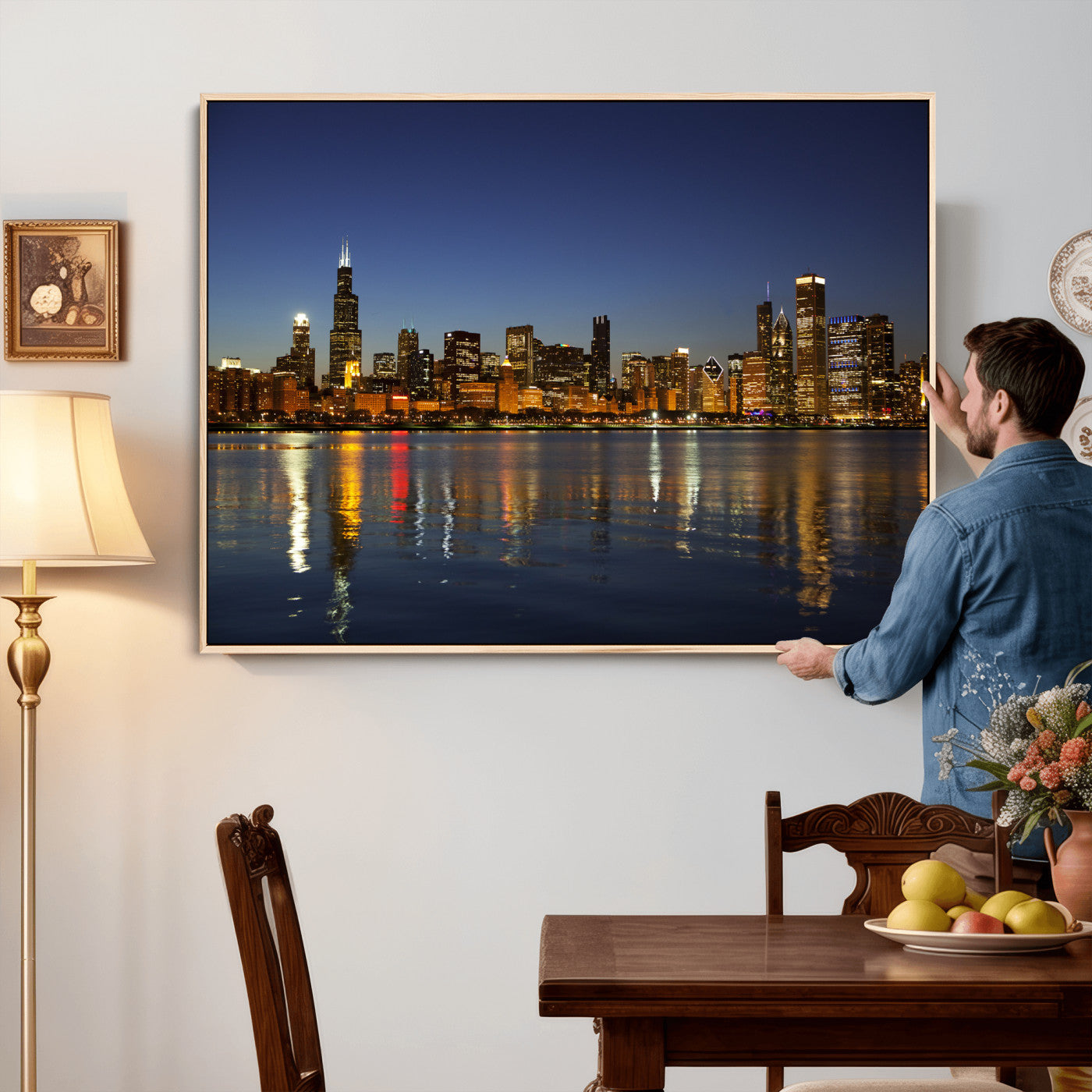 67308035-MGV-CV-36X24 - Chicago Wall Art Canvas Print, Chicago City Downtown Night Cityscape Print for Modern Urban Wall Decor