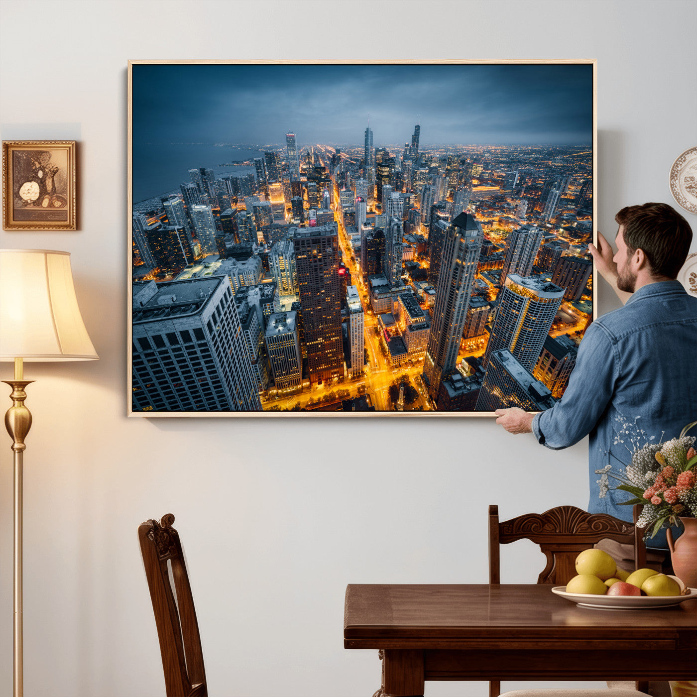 81742538-MGV-CV-36X24 - Chicago Wall Art Canvas Print, Chicago City Downtown Night Cityscape Print for Modern Urban Wall Decor