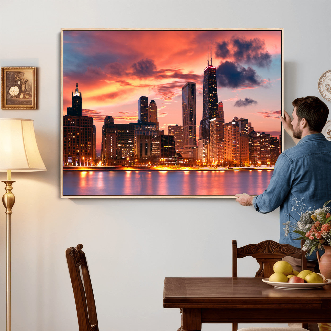 80390109-MGV-CV-36X24 - Chicago Wall Art Canvas Print, Chicago City Downtown Night Cityscape Print for Modern Urban Wall Decor