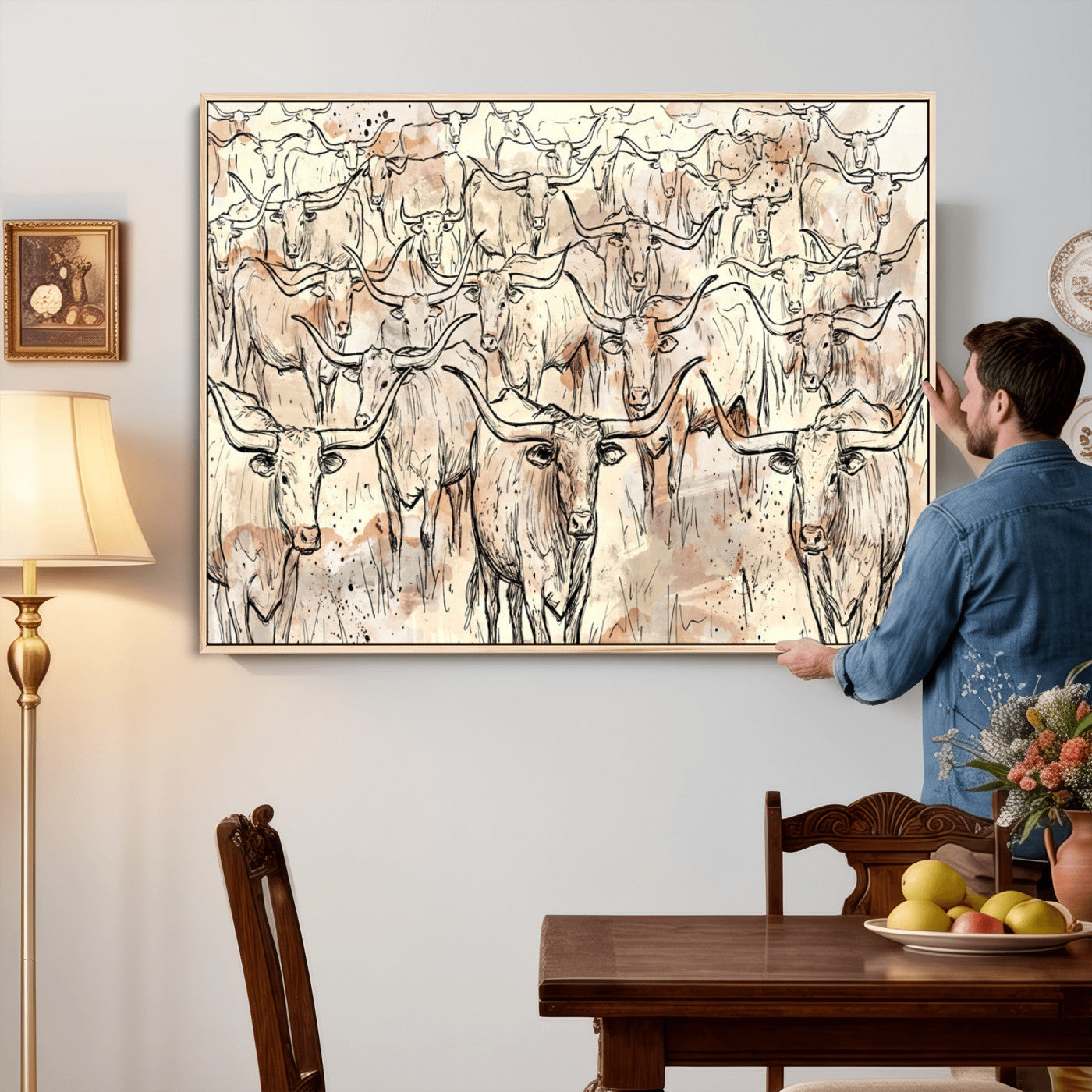 94055403-MGV-CV-36X24 - Farmhouse Animals Wall Art Canvas Print - Abstract Farm Animal Drawing Mid-Century Wall Art for Cabin Decor