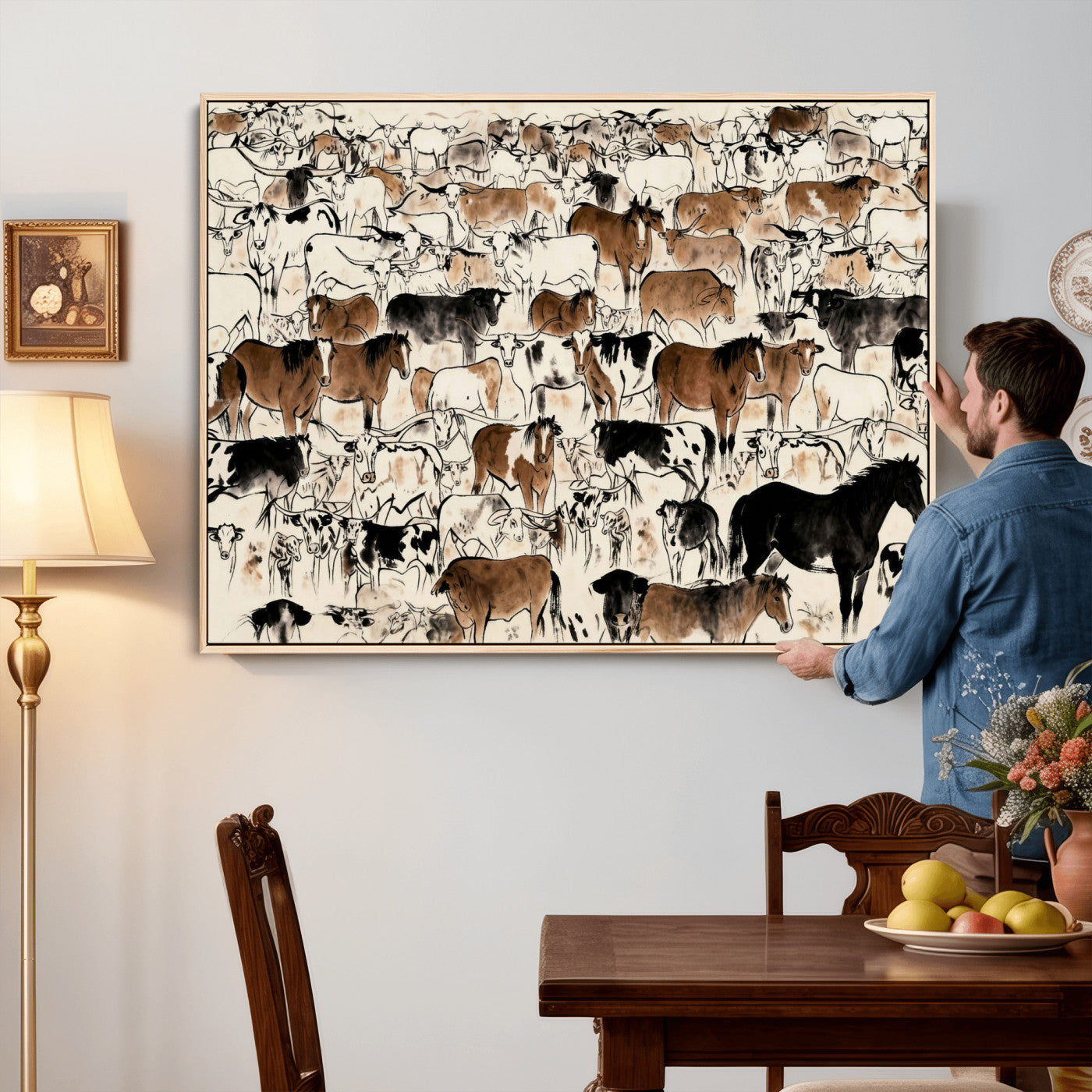 86150485-MGV-CV-36X24 - Farmhouse Animals Wall Art Canvas Print - Abstract Farm Animal Drawing Mid-Century Wall Art for Cabin Decor
