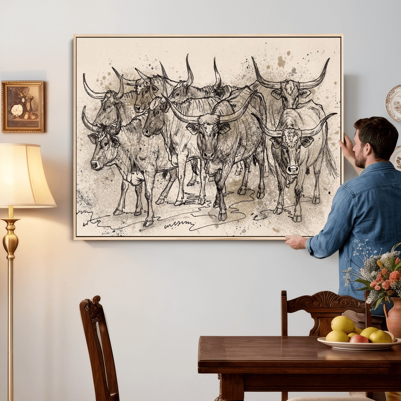 74232558-MGV-CV-36X24 - Farmhouse Animals Wall Art Canvas Print - Abstract Farm Animal Drawing Mid-Century Wall Art for Cabin Decor