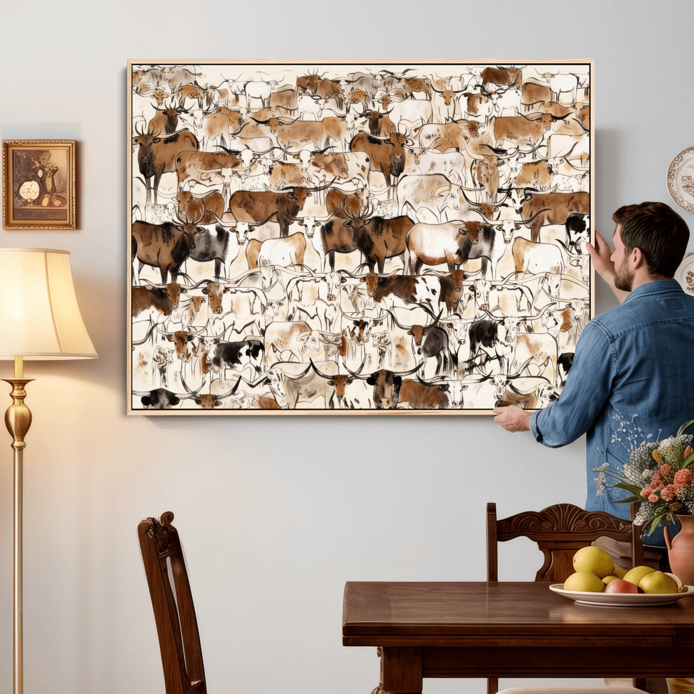 81416572-MGV-CV-36X24 - Farmhouse Animals Wall Art Canvas Print - Abstract Farm Animal Drawing Mid-Century Wall Art for Cabin Decor