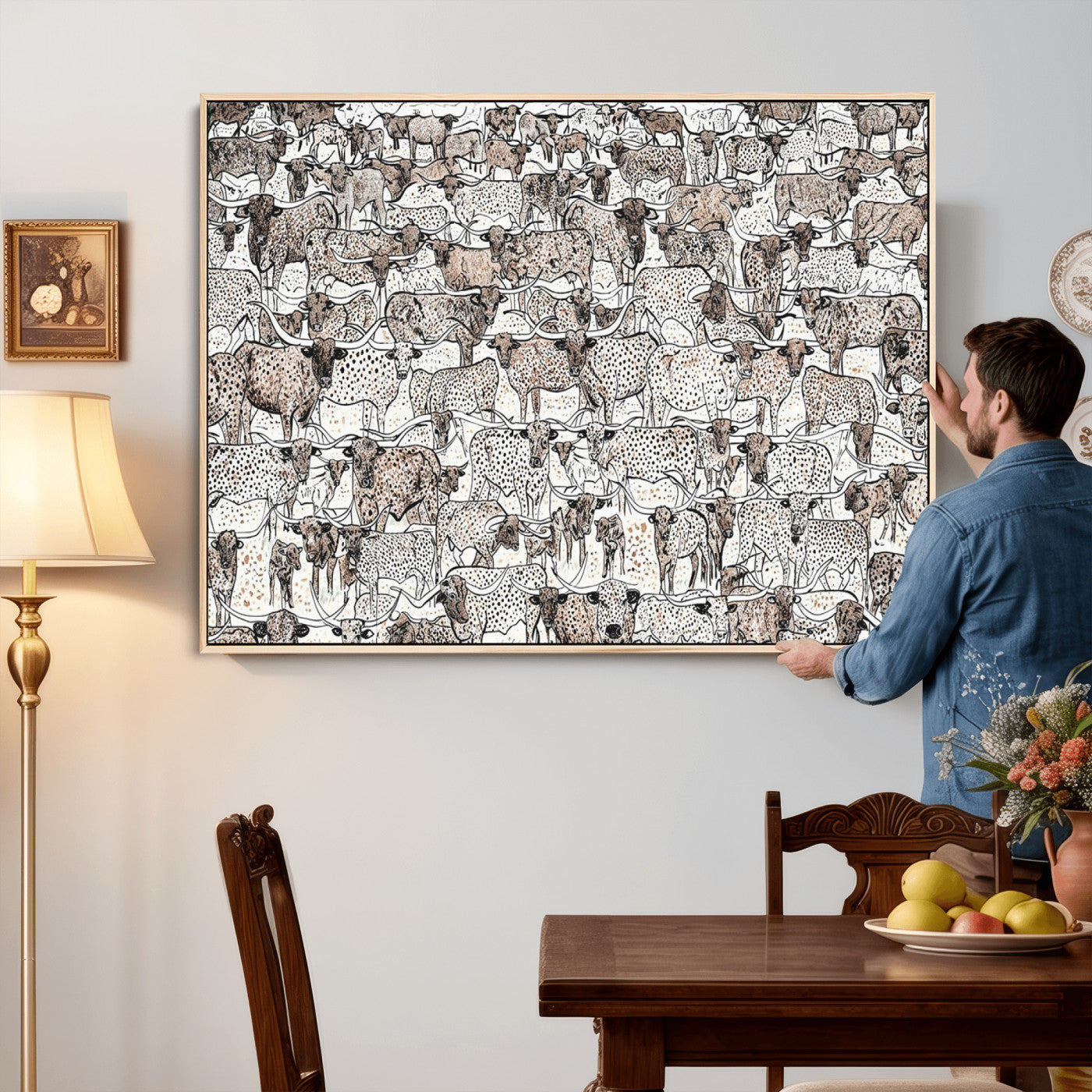 49200255-MGV-CV-36X24 - Farmhouse Animals Wall Art Canvas Print - Abstract Farm Animal Drawing Mid-Century Wall Art for Cabin Decor