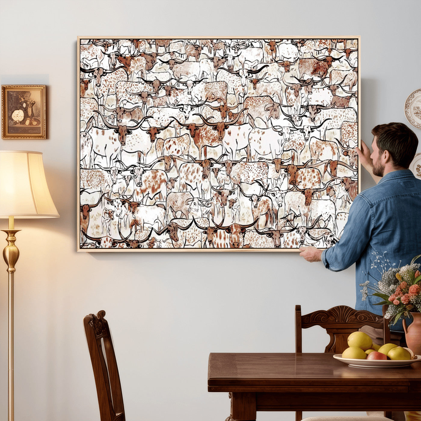 71869761-MGV-CV-36X24 - Farmhouse Animals Wall Art Canvas Print - Abstract Farm Animal Drawing Mid-Century Wall Art for Cabin Decor