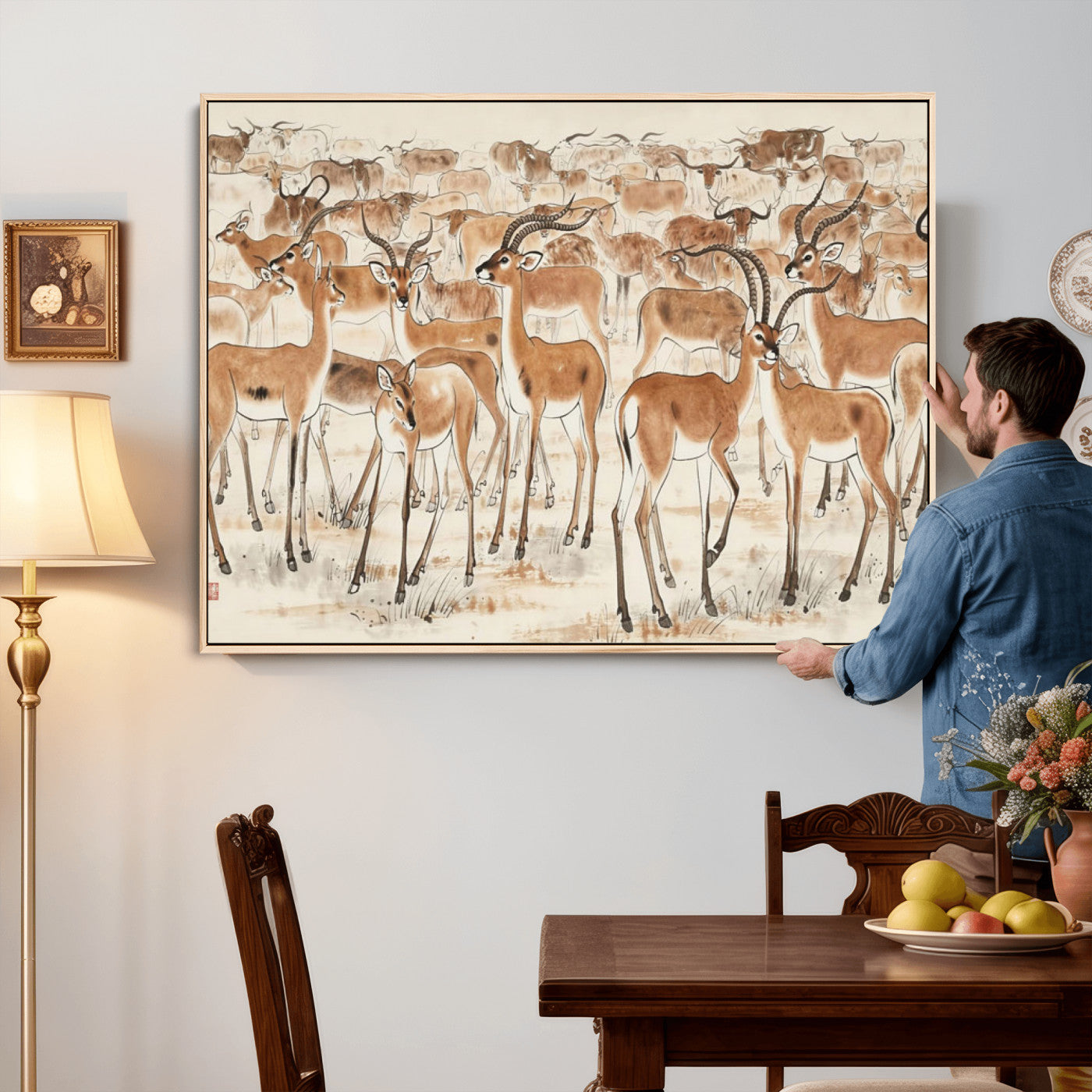 67375088-MGV-CV-36X24 - Farmhouse Animals Wall Art Canvas Print - Abstract Farm Animal Drawing Mid-Century Wall Art for Cabin Decor