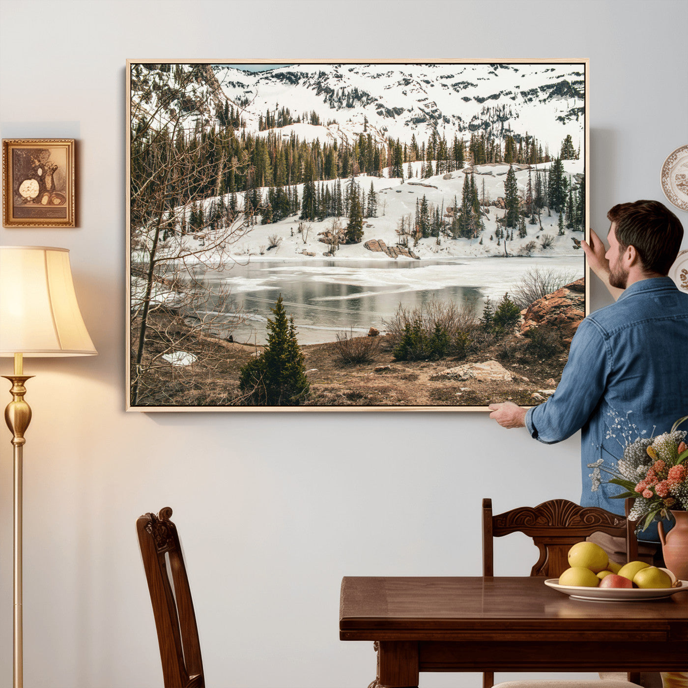 10336249-MGV-CV-36X24 - Snowy Mountain Landscape Wall Art Canvas Print, Alpine Pine Forest Winter Nature Wall Decor for Living Room and Office
