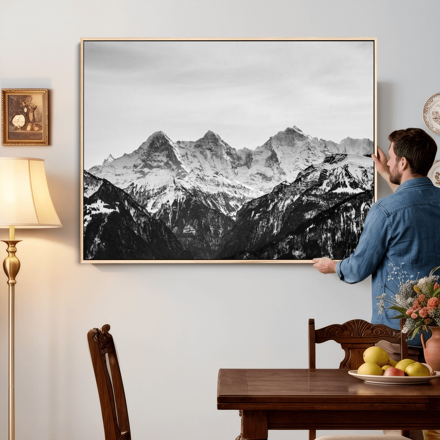 85684934-MGV-CV-36X24 - Black and White Mountain Wall Art Canvas Print, Snowy Alpine Peaks Landscape Photography, Minimal Monochrome Mountain Art, Scenic Nature Wall Decor