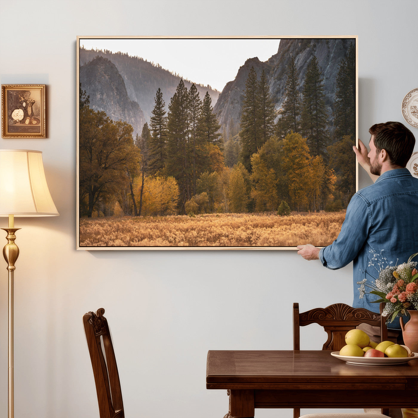 61682763-MGV-CV-36X24 - Yosemite Valley Autumn Forest Landscape Wall Art Canvas Print, Granite Mountain Pine Trees Canvas Print, California National Park Fall Scenic Art Printing