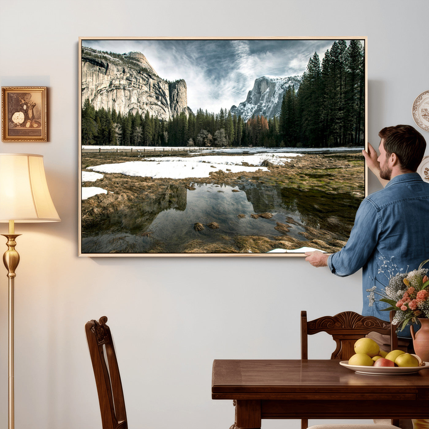 14527348-MGV-CV-36X24 - Yosemite Valley Mountain Landscape Wall Art Canvas Print, Granite Cliff Forest Valley Canvas Print, California National Park Scenic Art Printing