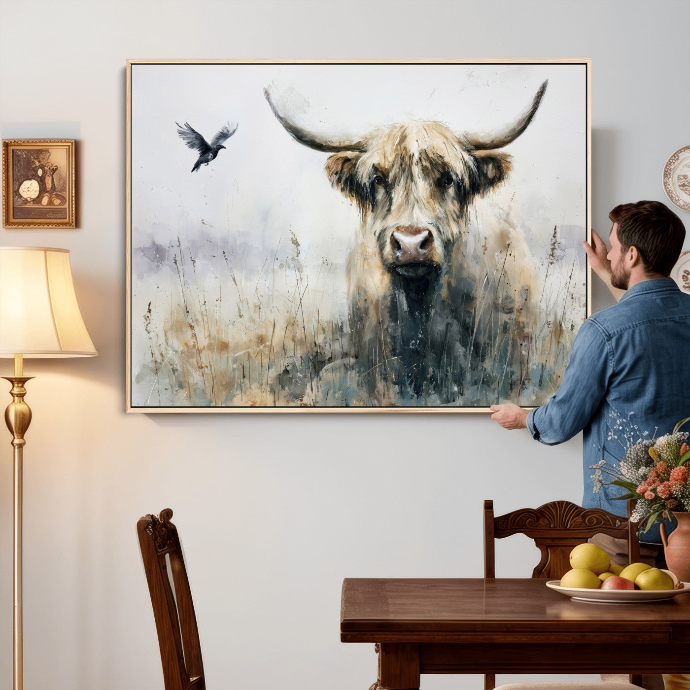 55652651-MGV-CV-36X24 - Abstract Highland Cow Watercolor Animal Wall Art Canvas Print, Rustic Farm Cattle Portrait Canvas Print, Neutral Wildlife Farmhouse Art Printing