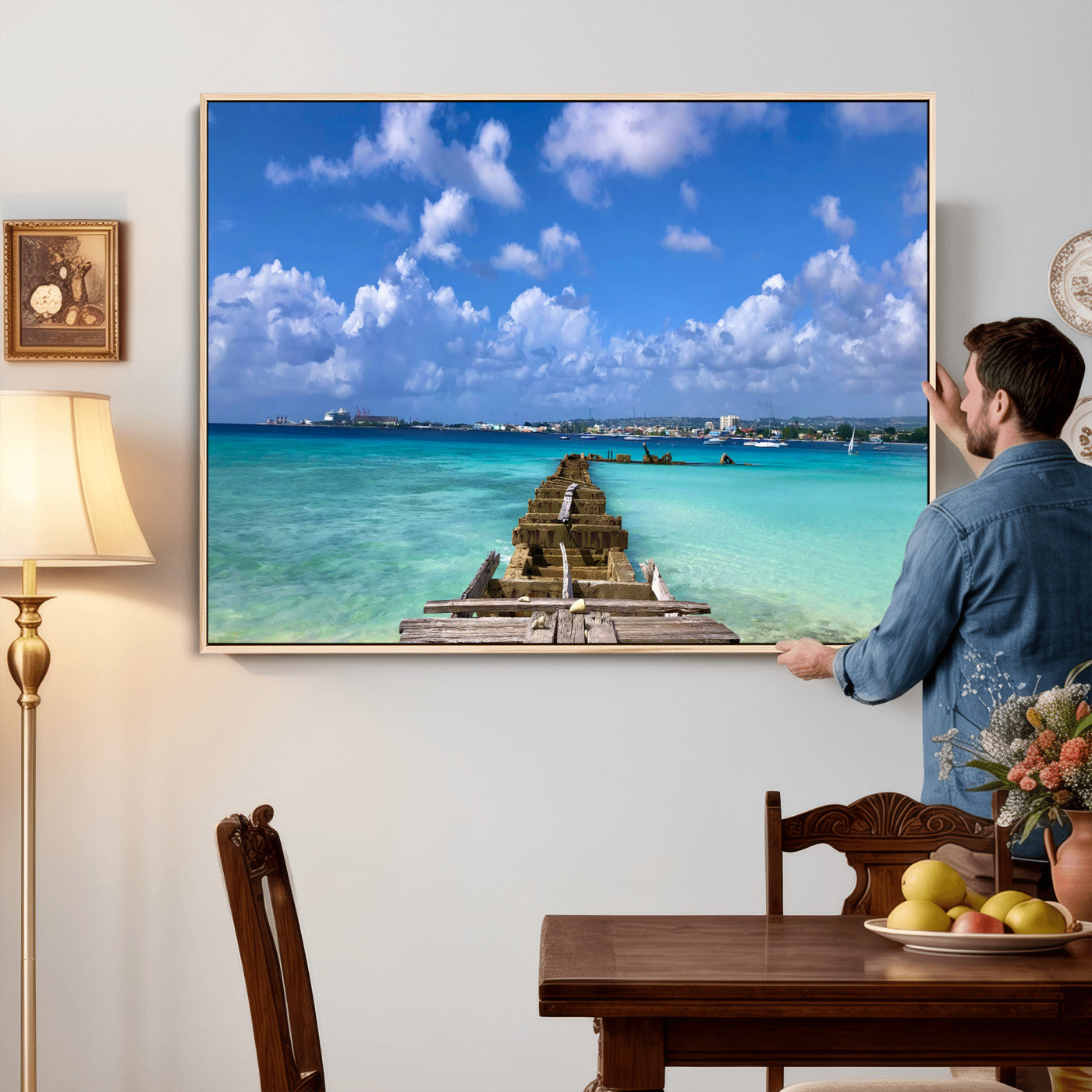 43165024-MGV-CV-36X24 - Caribbean Ocean Pier Seascape Wall Art Canvas Print, Turquoise Sea Tropical Harbor Canvas Print, Island Coastal Blue Water Scenic Art Printing