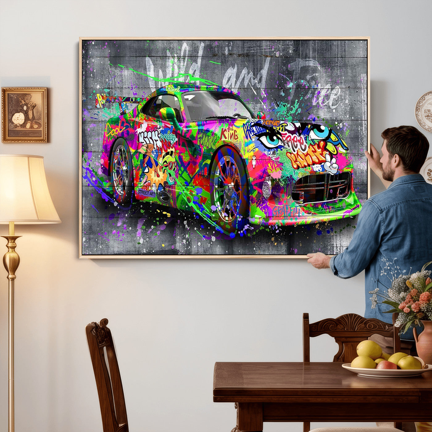 95314968-MGV-CV-36X24 - Graffiti Sports Car Street Art Wall Art Canvas Print, Colorful Urban Supercar Pop Art Canvas Print, Modern Graffiti Car Contemporary Art Printing