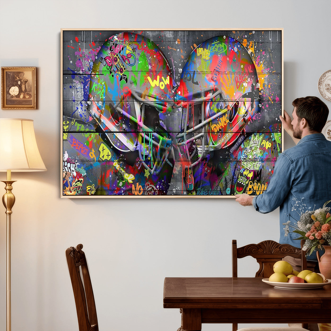 15309853-MGV-CV-36X24 - Graffiti Football Helmets Wall Art Canvas Print, Urban Street Art Sports Decor, Colorful American Football Graffiti Artwork