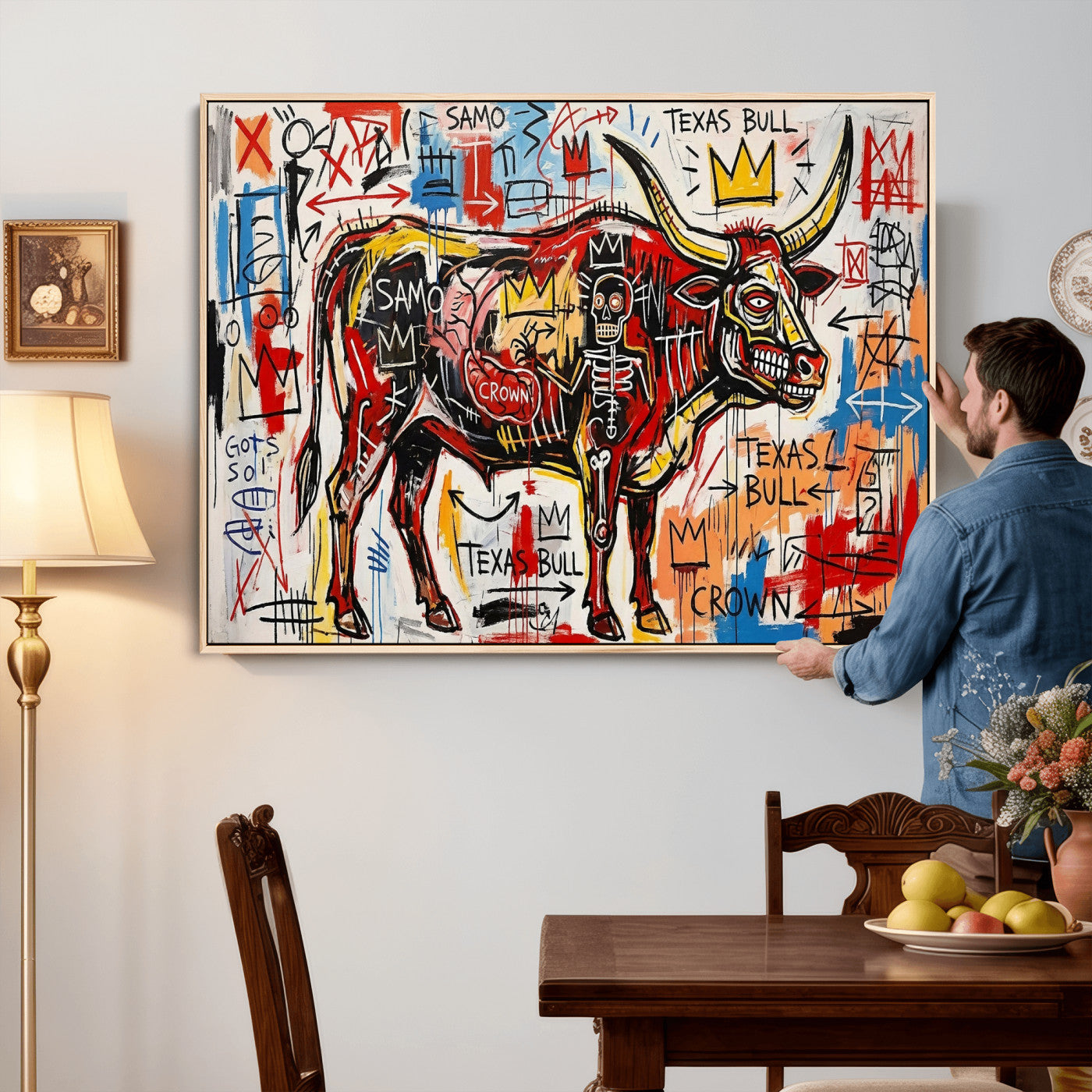 89504579-MGV-CV-36X24 - TITLE: Texas Bull Wall Art Canvas Print, Abstract Graffiti Bull Painting, Western Animal Art, Modern Ranch Decor