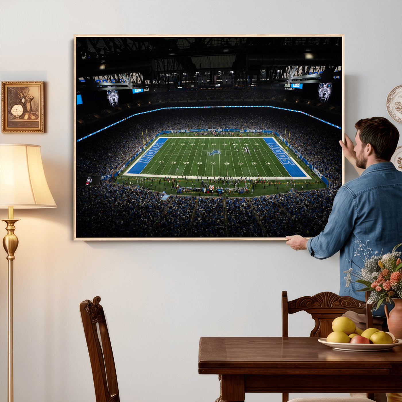 16709602-MGV-CV-36X24 - Detroit Lions Stadium Wall Art Canvas Print, Football Field Panorama Artwork, NFL Game Night Stadium Decor