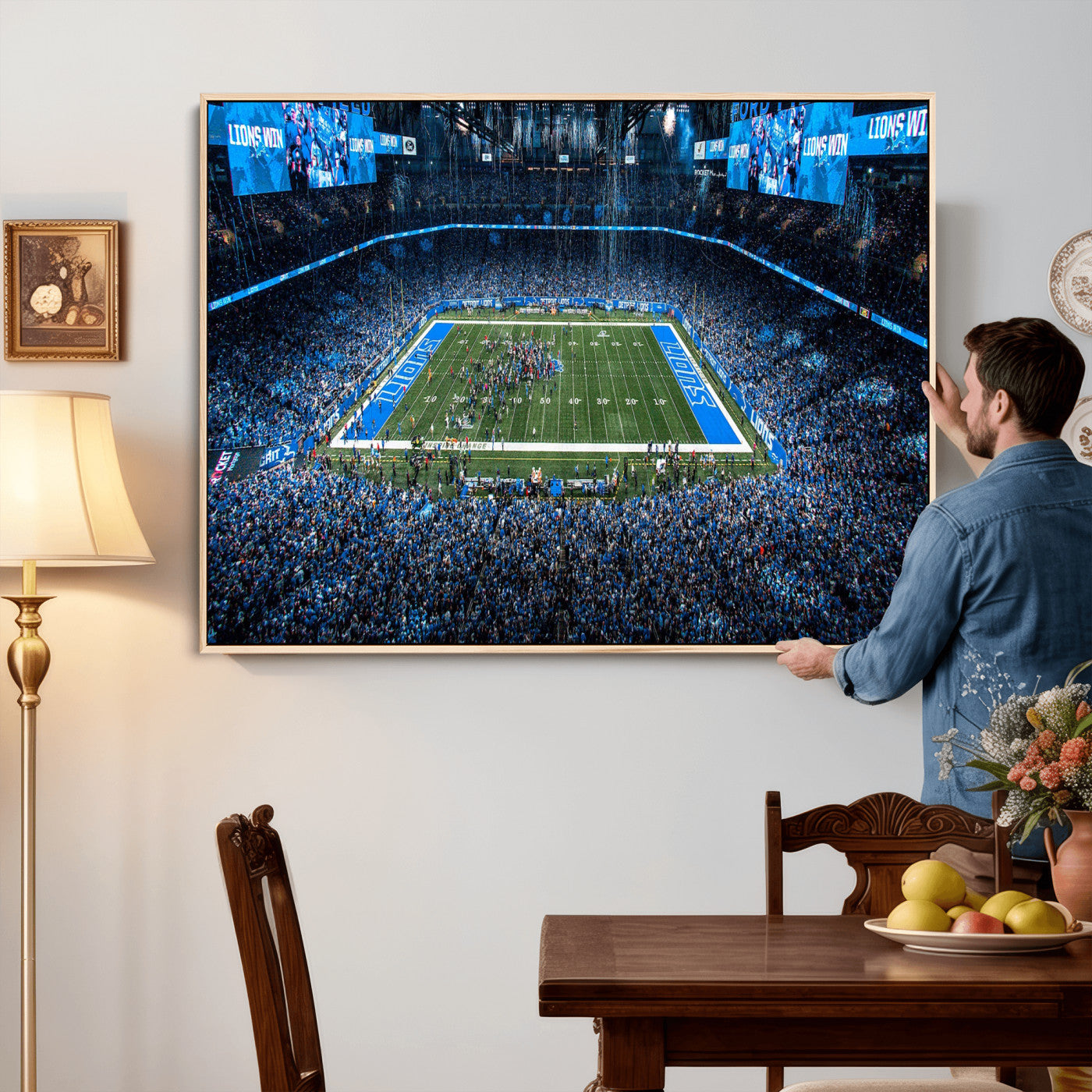 80882005-MGV-CV-36X24 - Detroit Lions Stadium Wall Art Canvas Print, Football Field Panorama Artwork, NFL Game Night Stadium Decor