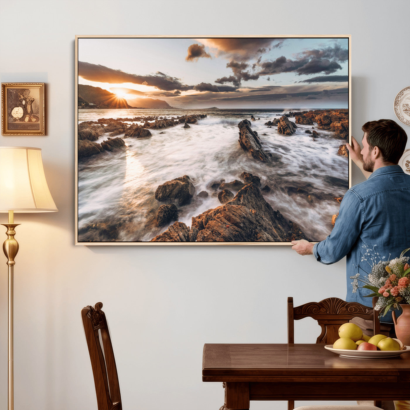 66746024-MGV-CV-36X24 - Rocky Coast Ocean Sunset Wall Art Canvas Print, Dramatic Seascape Nature Wall Decor for Living Room and Office