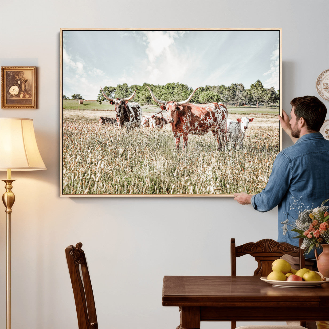 33963645-MGV-CV-36X24 - Texas Longhorn Cattle Wall Art Canvas Print, Western Ranch Landscape Nature Wall Decor for Living Room and Office