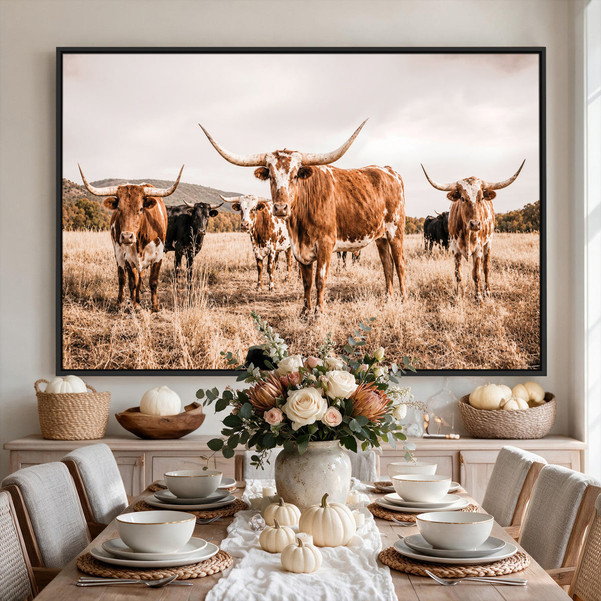 27539727-MGV-CV-36X24 - Texas Longhorn Cattle Wall Art Canvas Print, Sepia Western Decor