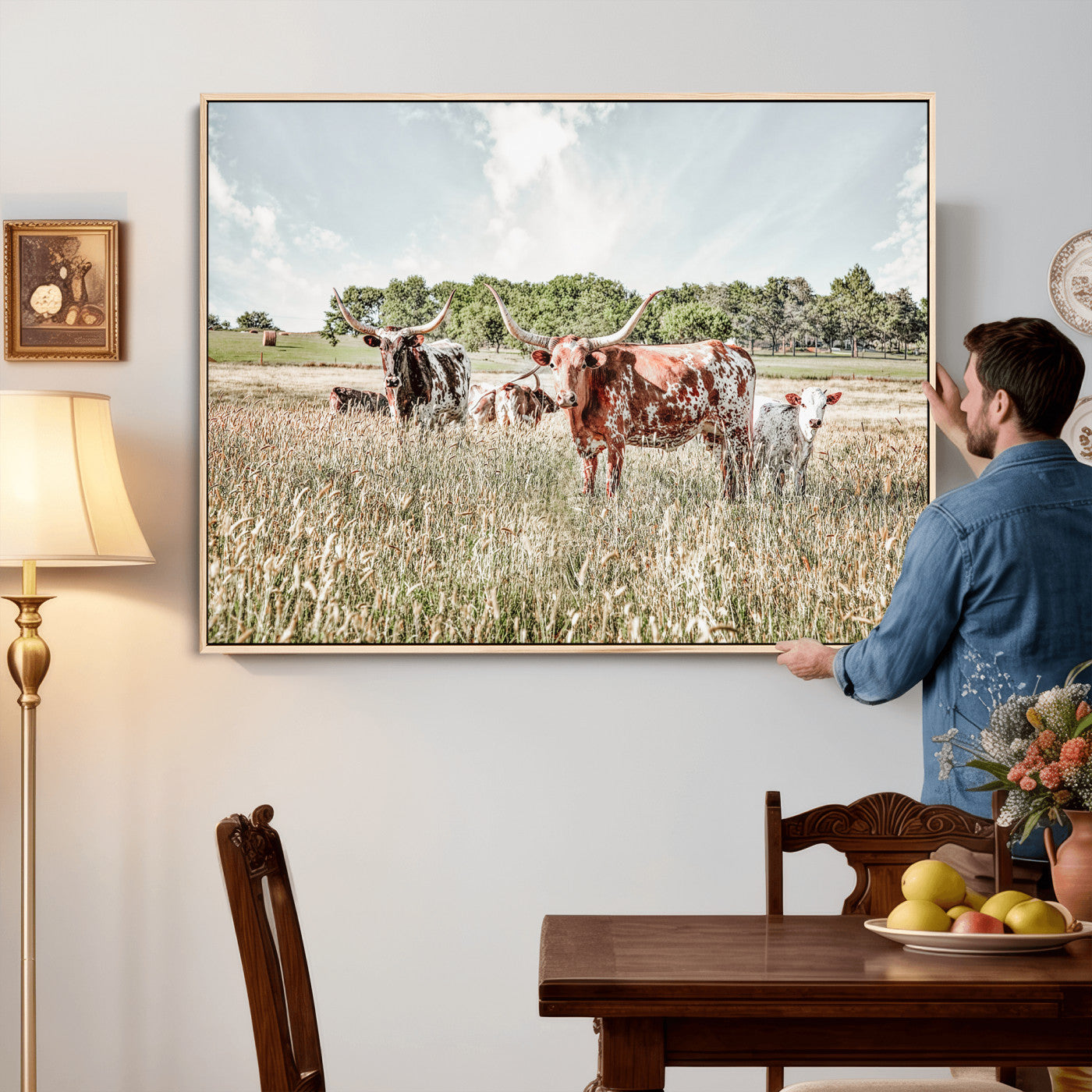 21823552-MGV-CV-36X24 - Texas Longhorn Cattle Wall Art Canvas Print, Rustic Ranch Landscape Artwork, Western Farm Field Scene, Country Prairie Animal Canvas Wall Art