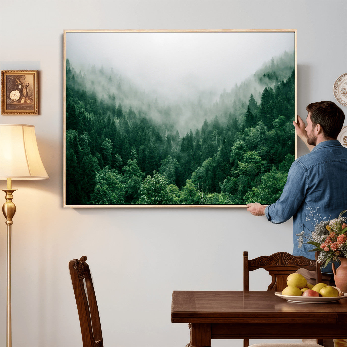 61640815-MGV-CV-36X24 - Misty Pine Forest Wall Art Canvas Print, Foggy Evergreen Landscape Wall Decor, Moody Green Nature Artwork, Minimal Forest Canvas Wall Art, Framed Canvas Wall Art Ready to Hang
