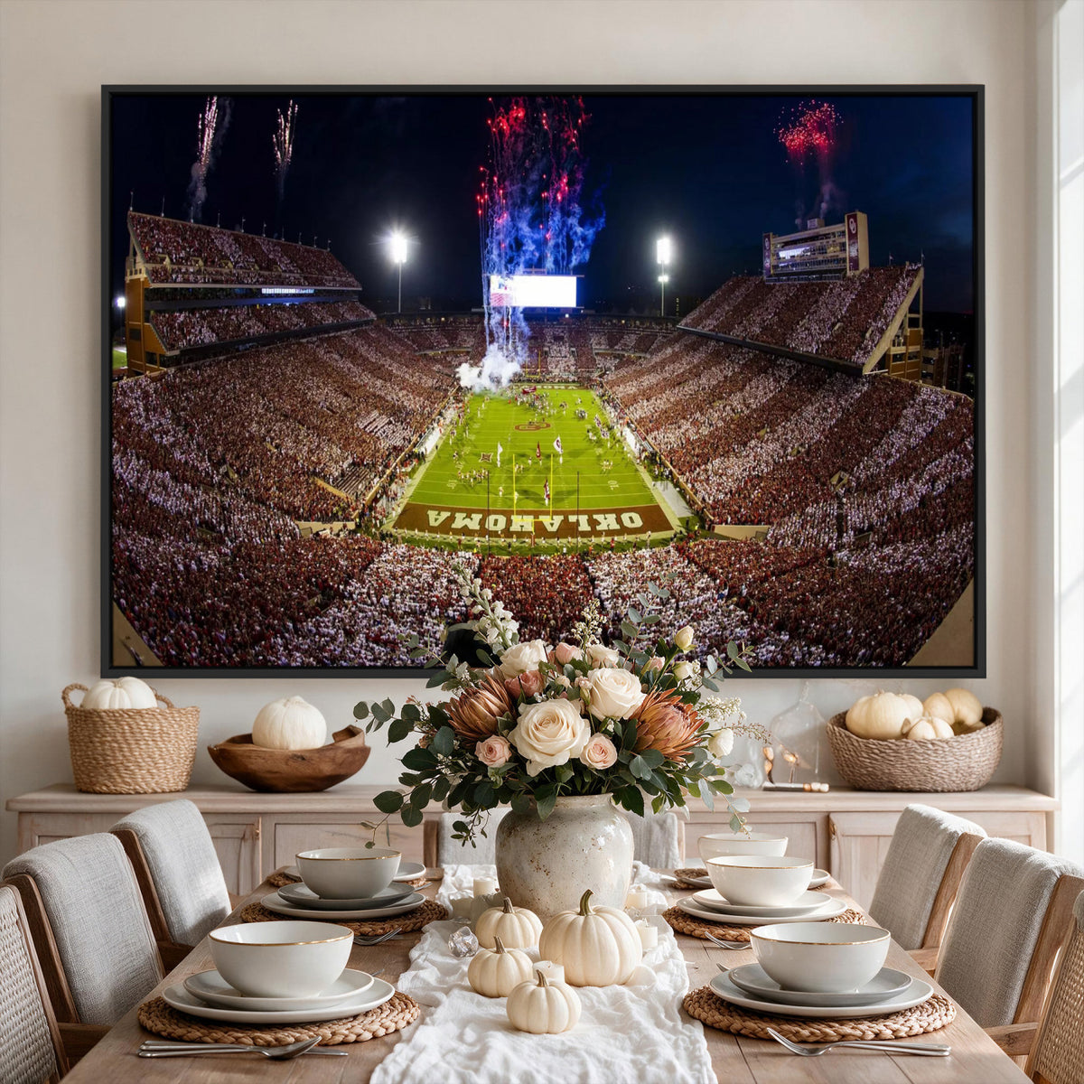 43197777-MGV-CV-36X24 - Oklahoma Memorial Stadium Wall Art Canvas Print – Oklahoma Sooners Football Artwork for Home, Office, and Sports Room Decor