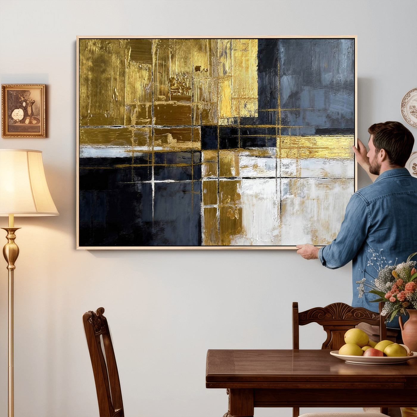 76917030-MGV-CV-36X24 - Gold Navy Abstract Wall Art Canvas Print, Modern Luxury Geometric Painting Wall Decor for Living Room and Office