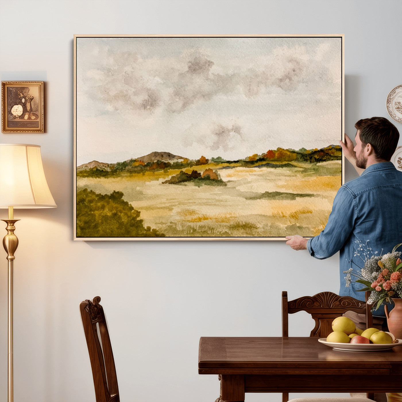 94151004-MGV-CV-36X24 - Watercolor Abstract Countryside Wall Art Canvas Print, Neutral Pastoral Landscape Painting Wall Decor for Modern Farmhouse Interiors