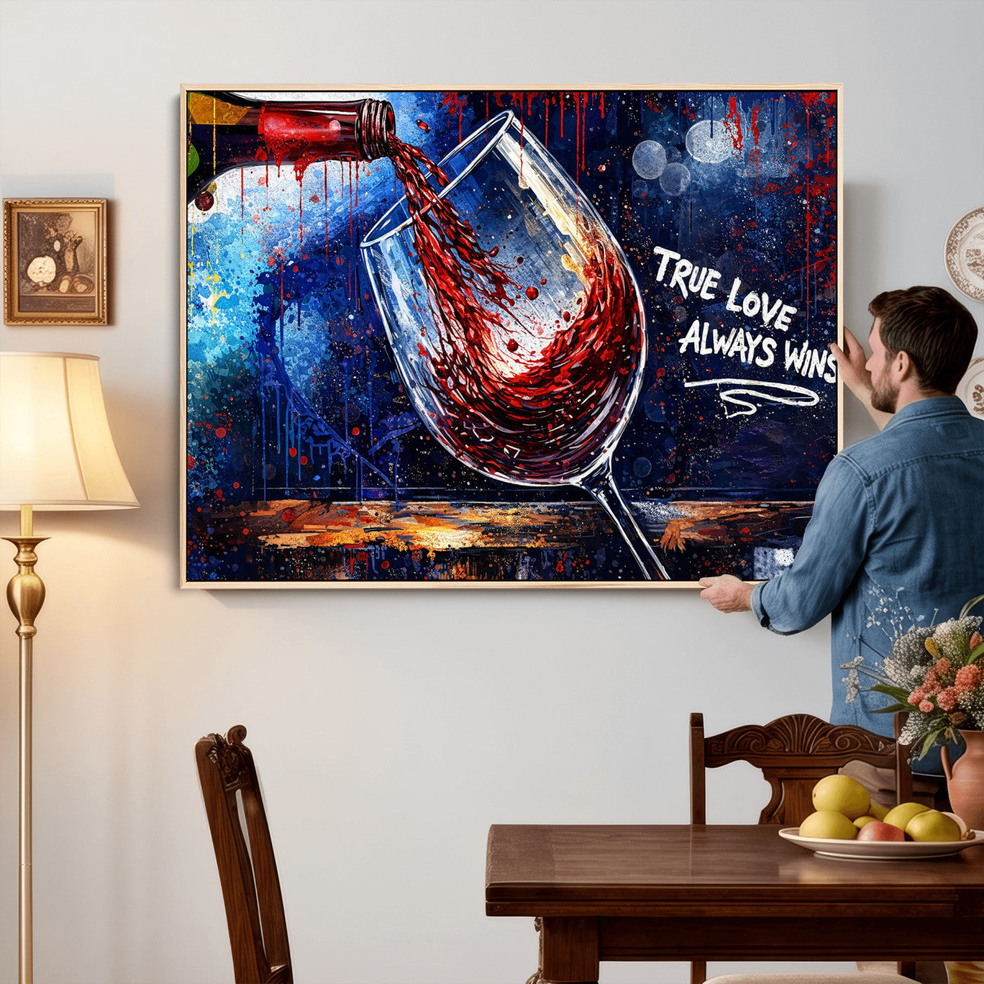 88788932-MGV-CV-36X24 - Red Wine Splash Abstract Wall Art Canvas Print, Modern Wine Glass Painting Canvas Print, Romantic Quote Contemporary Bar Art Print