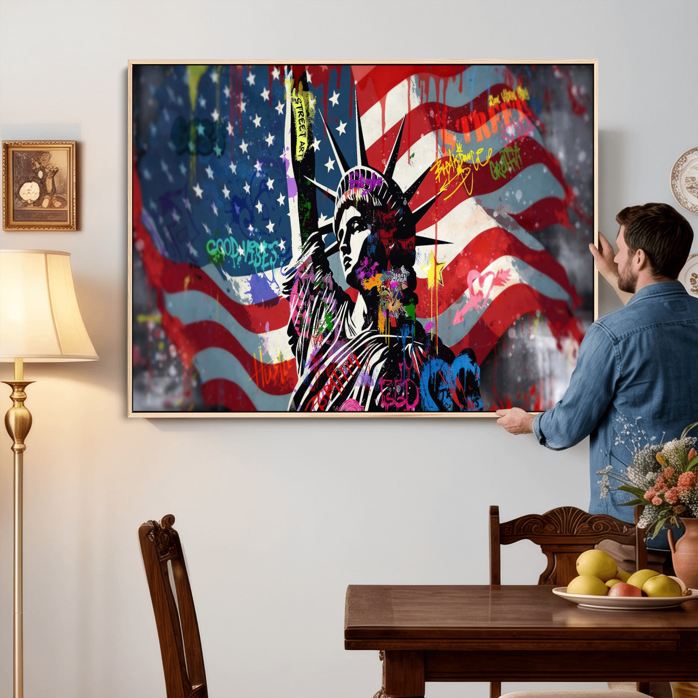 32151941-MGV-CV-36X24 - USA Statue of Liberty Graffiti Street Art Wall Art Canvas Print, American Flag Urban Pop Art Canvas Print, Modern Patriotic Street Art Contemporary Art Printing