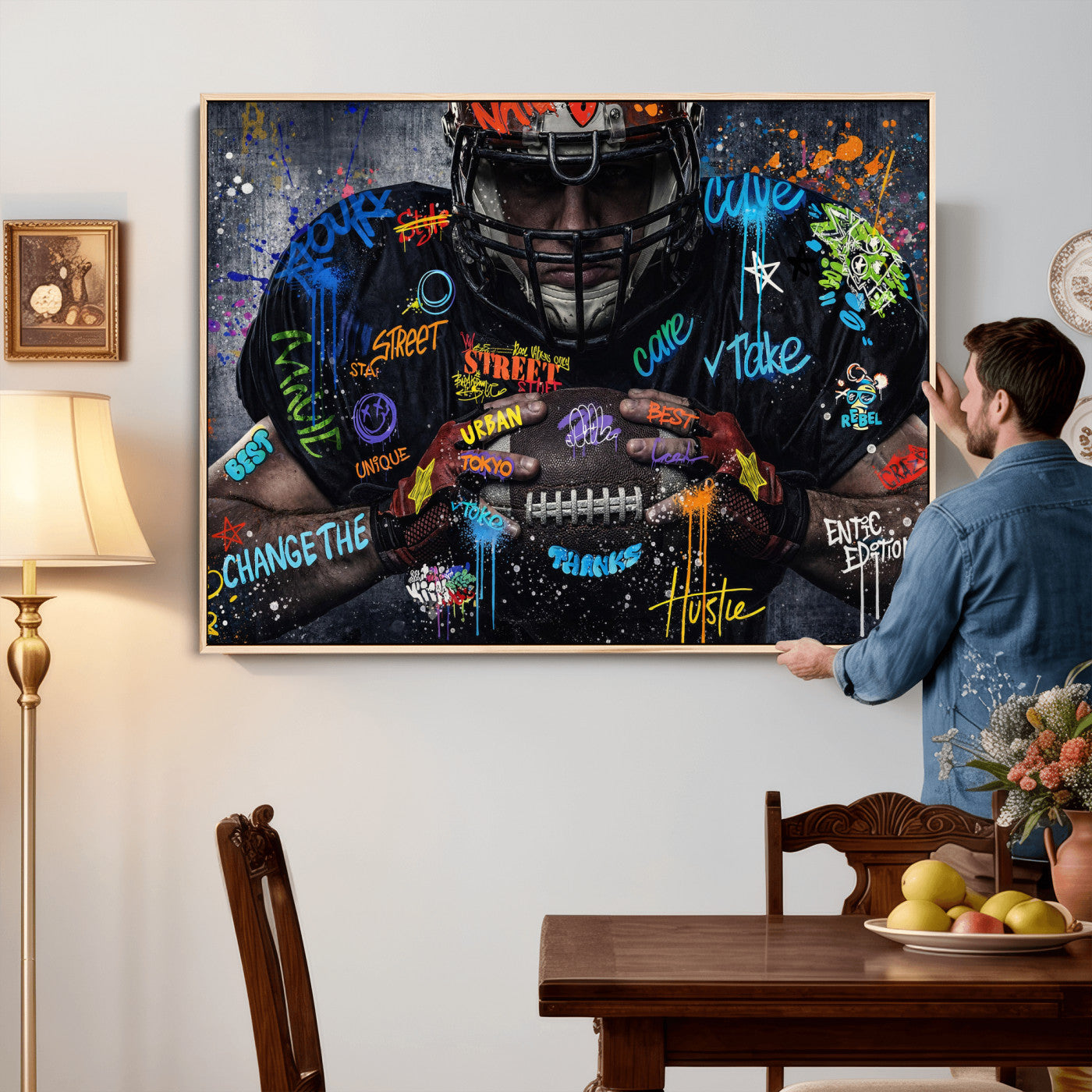 55267256-MGV-CV-36X24 - Graffiti American Football Player Street Art Wall Art Canvas Print, Urban Sports Pop Art Football Canvas Print, Modern Athletic Graffiti Contemporary Art Printing