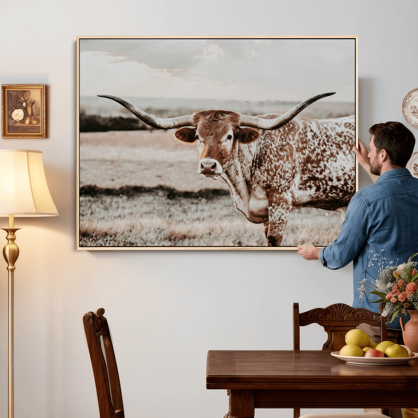 73897046-MGV-CV-36X24 - Texas Longhorn Bull Rustic Wall Art Canvas Print, Western Cattle Photography Canvas Print, Ranch Farm Animal Western Art Printing