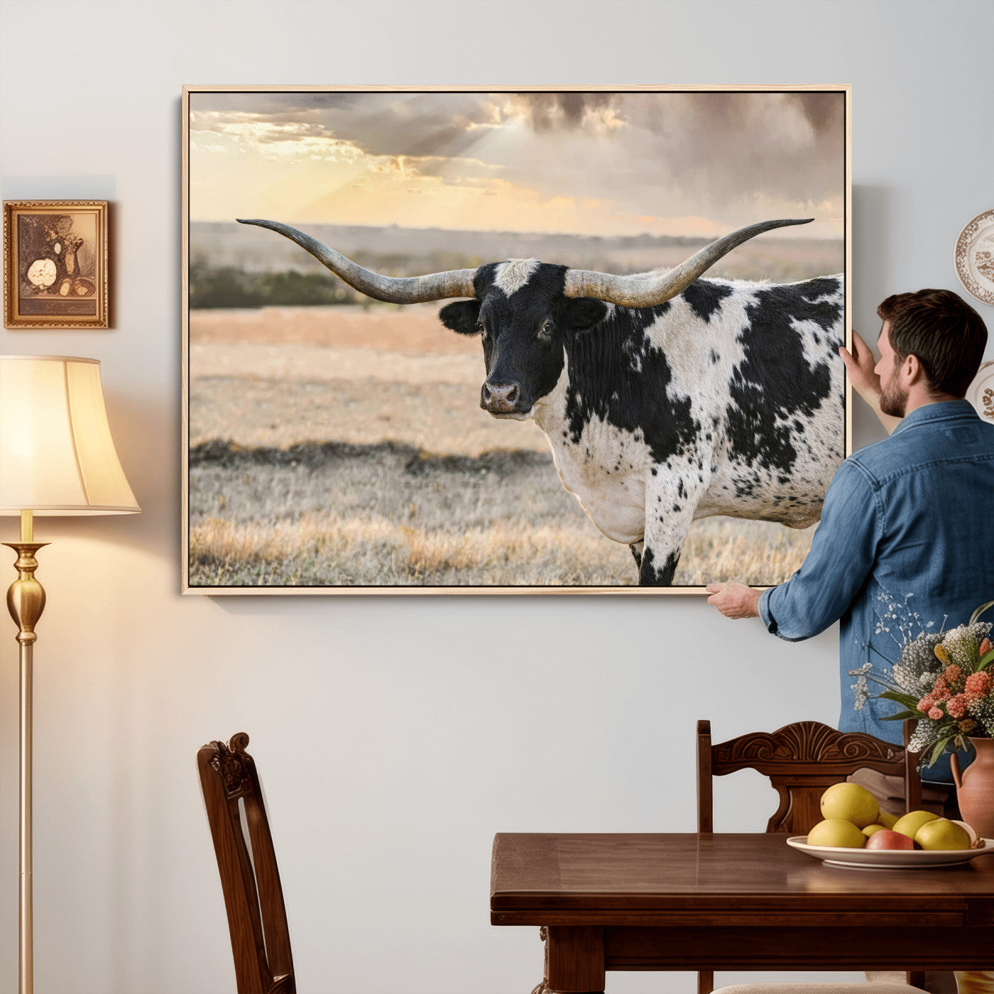 49350433-MGV-CV-36X24 - Texas Longhorn Bull Rustic Wall Art Canvas Print, Western Cattle Photography Canvas Print, Ranch Farm Animal Western Art Printing