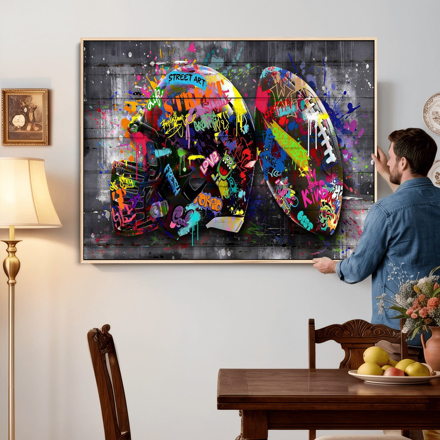 80540773-MGV-CV-36X24 - Graffiti American Football Helmet Street Art Wall Art Canvas Print, Urban Sports Pop Art Football Canvas Print, Colorful Graffiti Sports Contemporary Art Printing