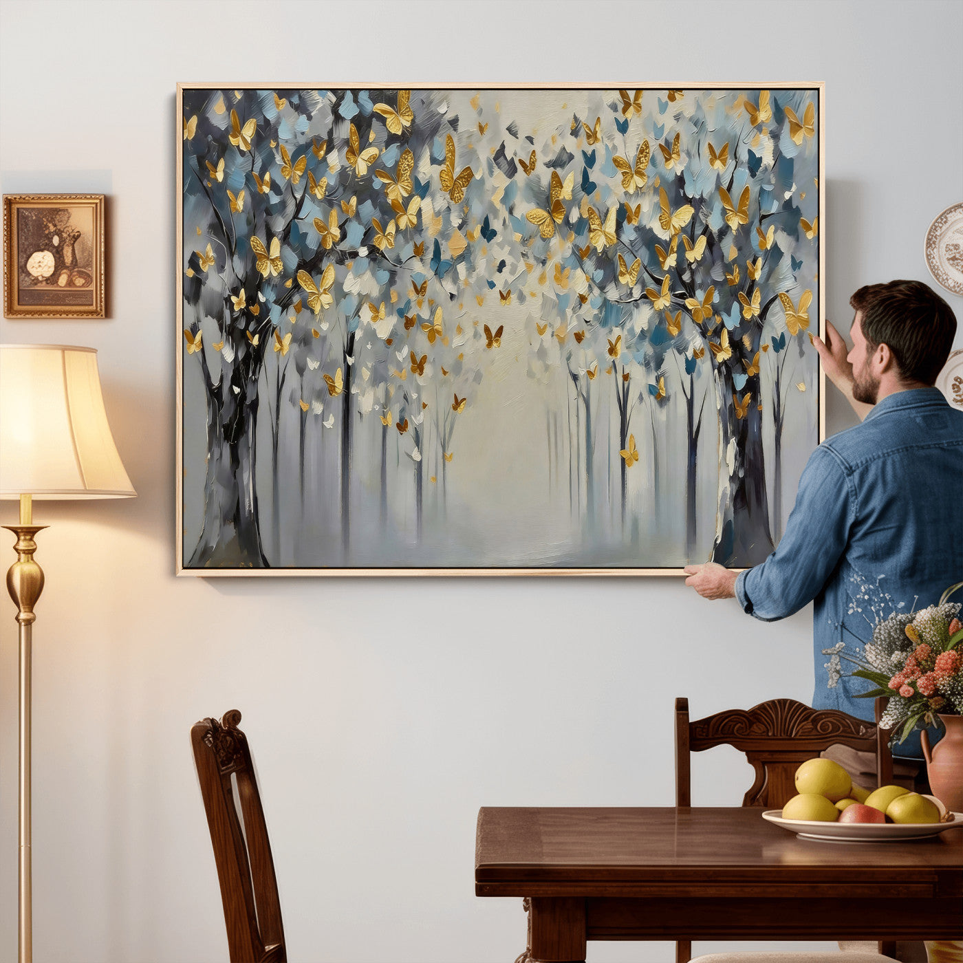 79208191-MGV-CV-36X24 - Golden Butterfly Tree Abstract Wall Art Canvas Print, Modern Elegant Nature Painting Canvas Print, Blue Gold Contemporary Floral Art Printing