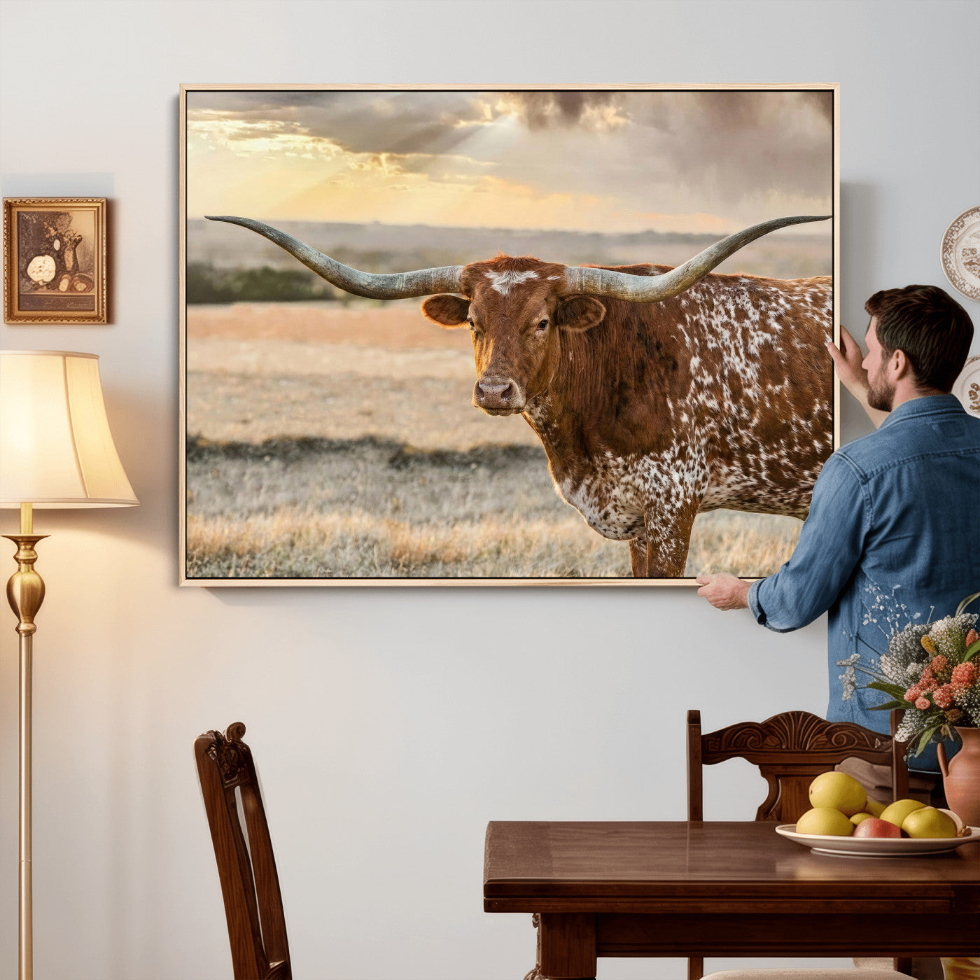16502384-MGV-CV-36X24 - Texas Longhorn Wall Art Canvas Print, Western Ranch Bull Photography Canvas Print, Rustic Farmhouse Cattle Artwork for Living Room Decor