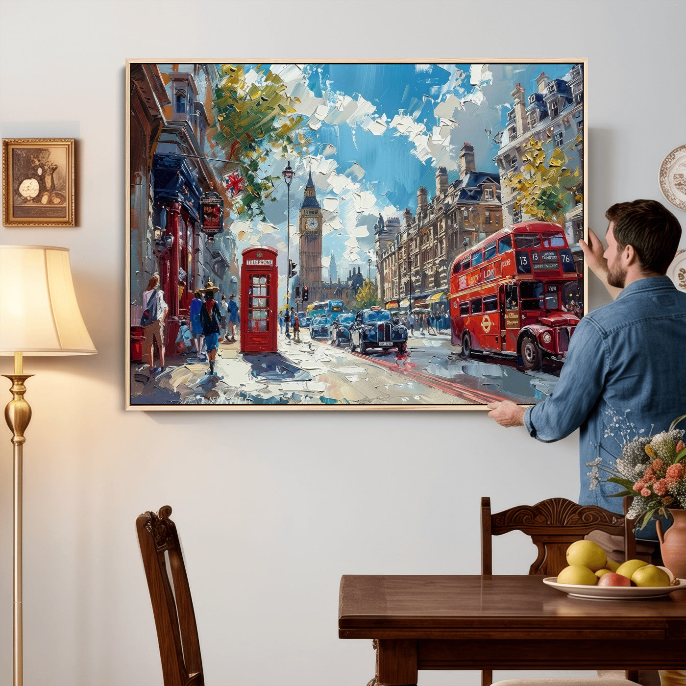 17630888-MGV-CV-36X24 - London Street Canvas Wall Art — Big Ben Red Bus Print | Oil Painting Style | UK City Wall Decor | Travel Art Gift | Living Room Print