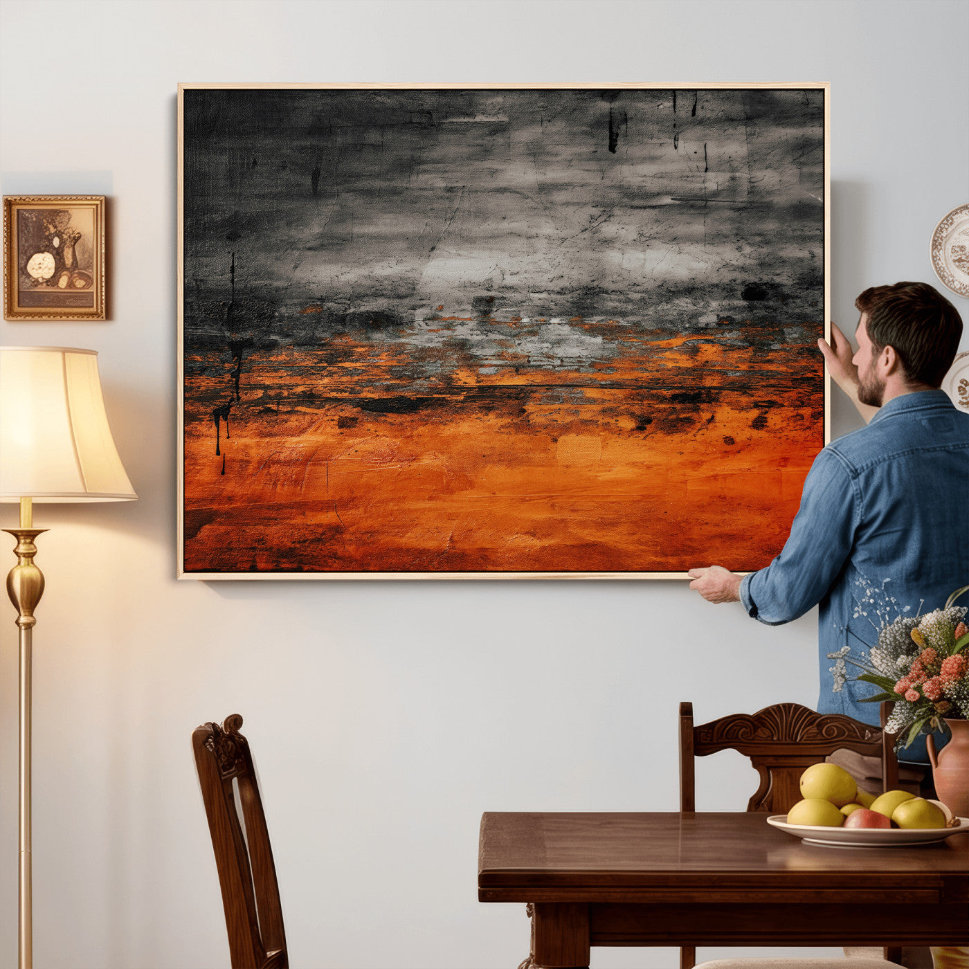 75409282-MGV-CV-36X24 - Black Orange Abstract Wall Art Canvas Print Modern Textured Painting Decor