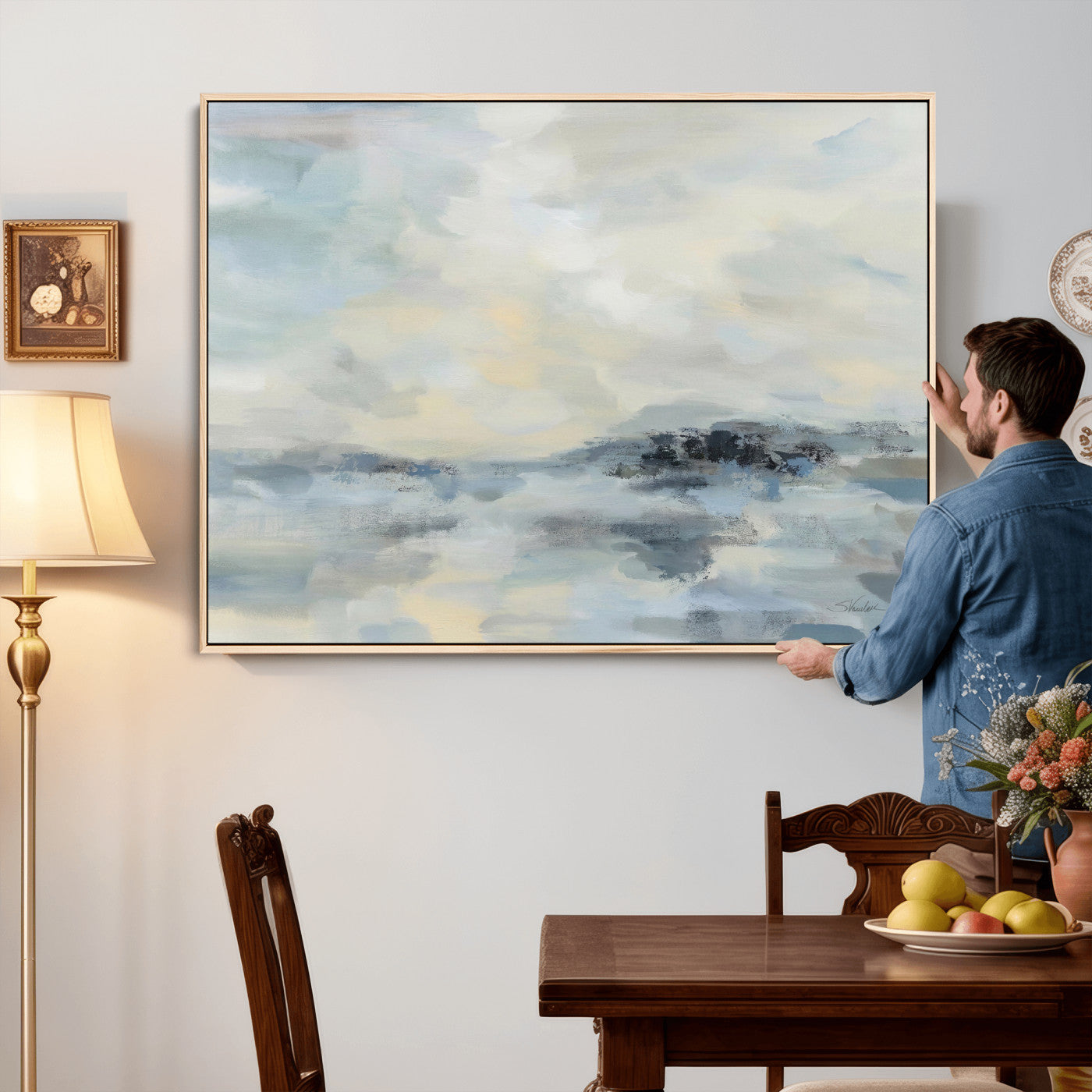 24647355-MGV-CV-36X24 - Abstract Coastal Landscape Wall Art Canvas Print – Soft Blue Gray Minimalist Painting